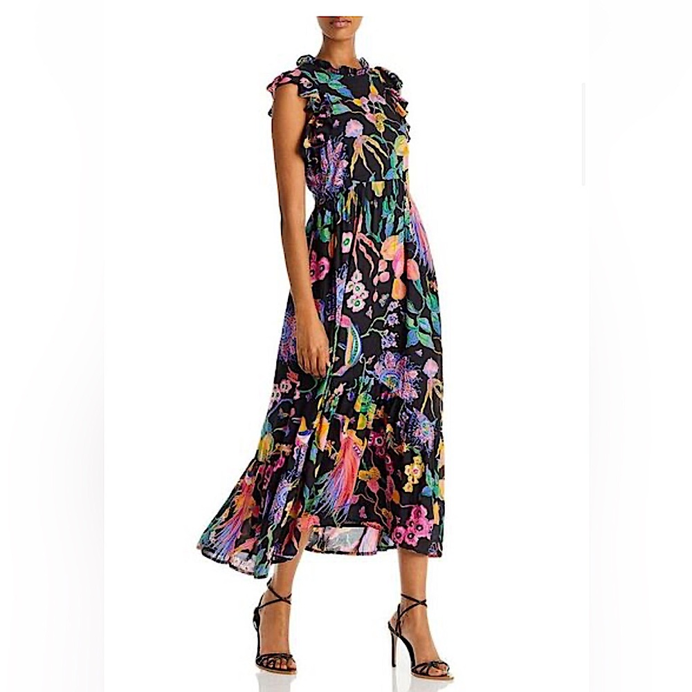 Banjanan Hannah Black Multi Eden Garden Print Ruffle Midi Dress M Medium 6 8 10